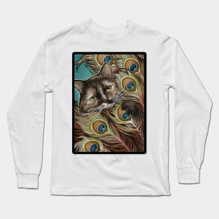 Tortie Cat and Peacock Feathers - Black Outlined Version Long Sleeve T-Shirt